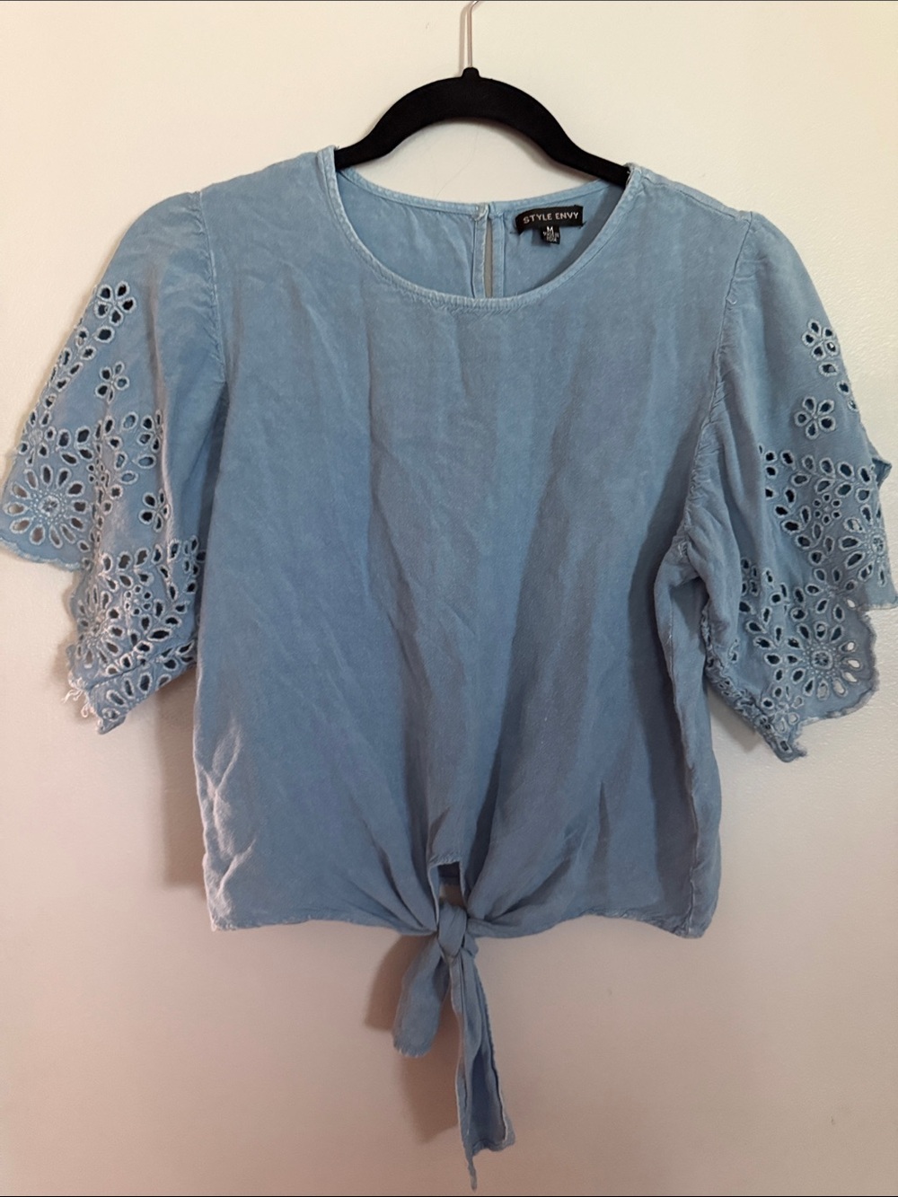 Style Envy Light Blue Eyelet Sleeve Tie-Front Blouse